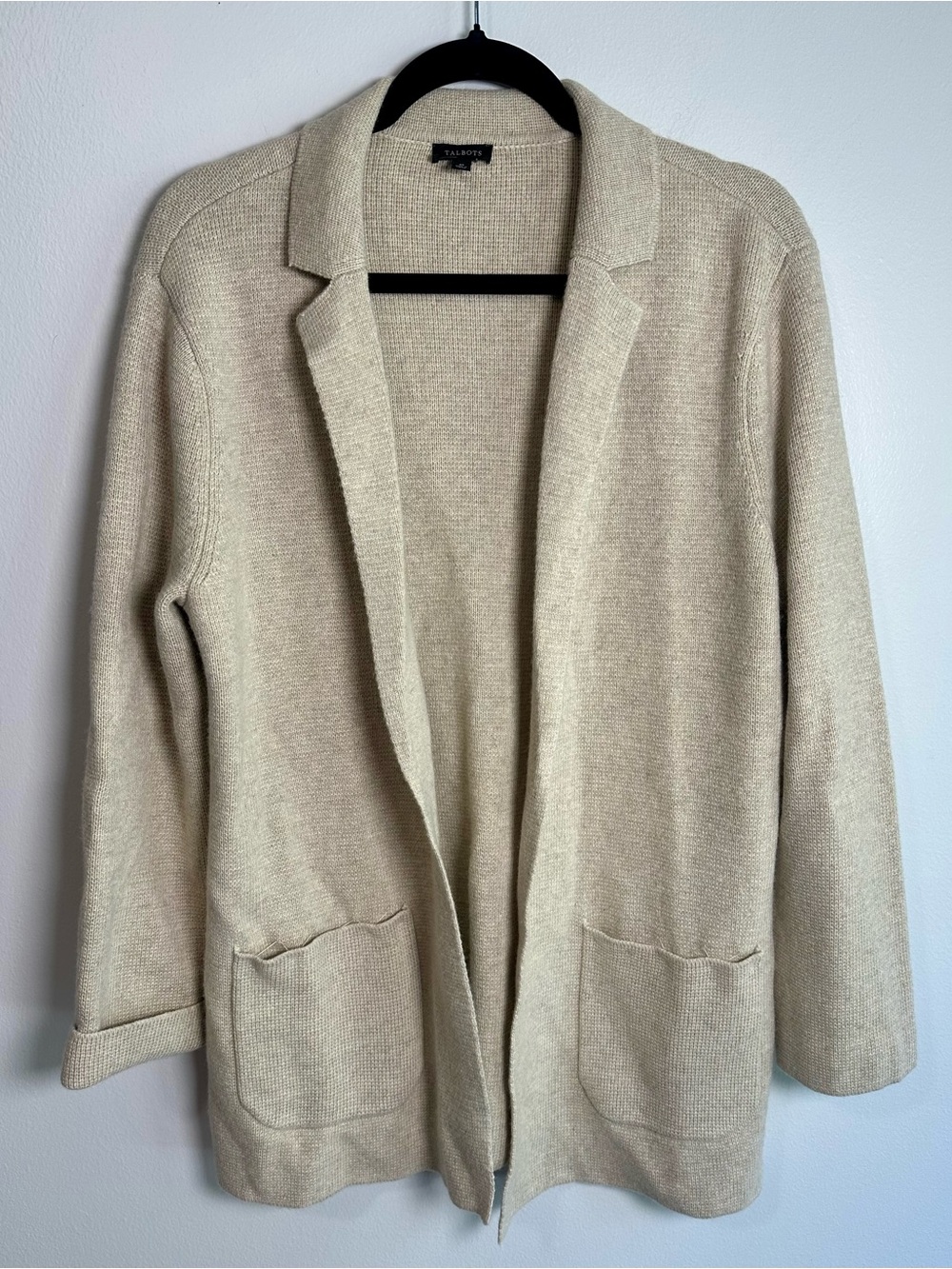 Talbots Beige Open-Front Knit Cardigan Blazer Size Medium 35% Wool